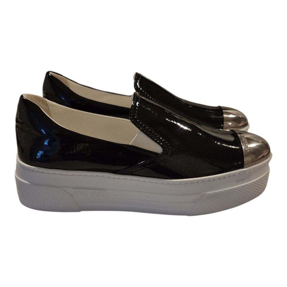 Miu Miu Black Patent Leather Slip-On Sneakers with Silver Cap Toe